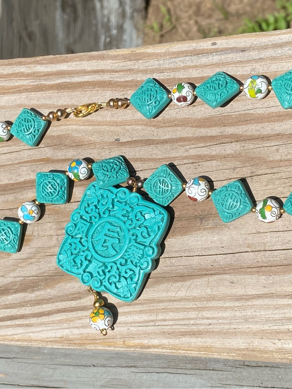 Handcrafted Carved Turquoise f Cinnabar Dragon Pendant, Shou, Cloisonné Necklace - Picture 8 of 15